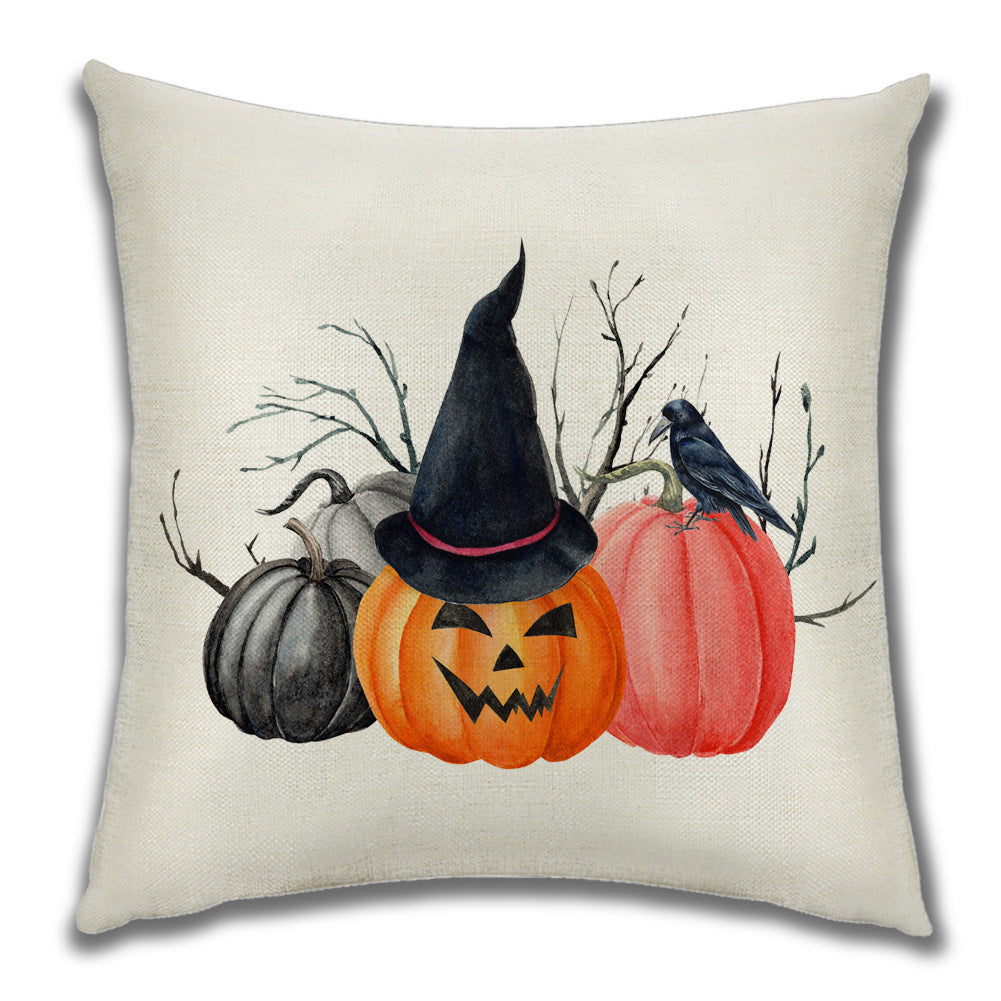 KTX-222099 Cartoon Pumpkin Castle Linen Cushion Cover for Home and Outdoor Decor, 45x45cm