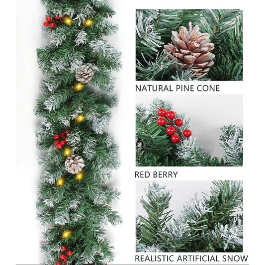 HKM-222227 PVC Spray White Rattan Garland with Pine Fruit and Hawthorn Accents