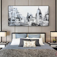 HKM-222355 Handcrafted Modern Abstract Black and White Urban Landscape Oil Painting on Canvas – Frameless and Unstretched Art for Home Decoration