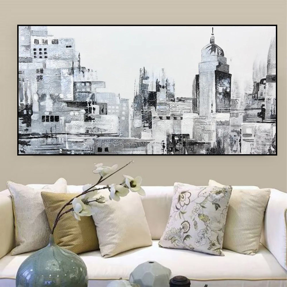HKM-222355 Handcrafted Modern Abstract Black and White Urban Landscape Oil Painting on Canvas – Frameless and Unstretched Art for Home Decoration
