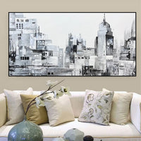 HKM-222355 Handcrafted Modern Abstract Black and White Urban Landscape Oil Painting on Canvas – Frameless and Unstretched Art for Home Decoration