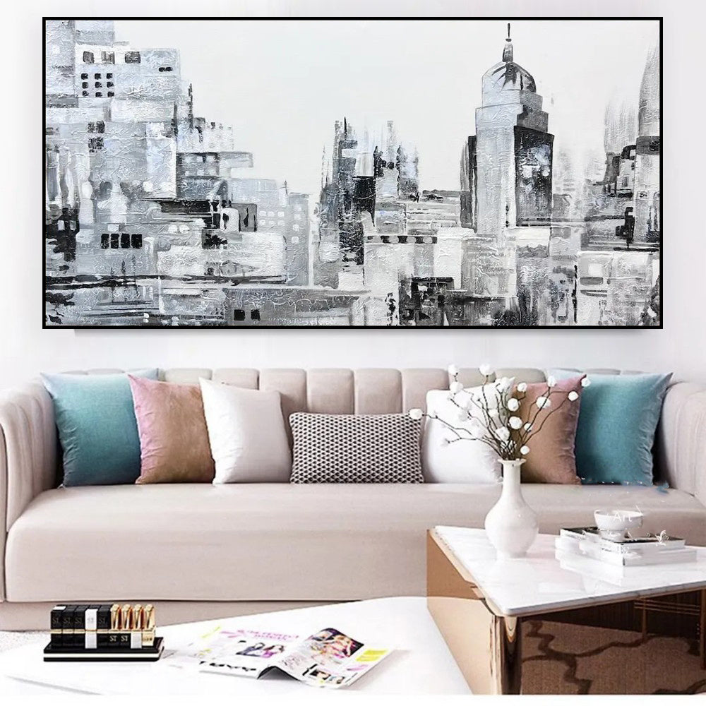 HKM-222355 Handcrafted Modern Abstract Black and White Urban Landscape Oil Painting on Canvas – Frameless and Unstretched Art for Home Decoration
