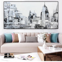 HKM-222355 Handcrafted Modern Abstract Black and White Urban Landscape Oil Painting on Canvas – Frameless and Unstretched Art for Home Decoration