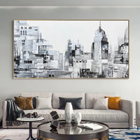 HKM-222355 Handcrafted Modern Abstract Black and White Urban Landscape Oil Painting on Canvas – Frameless and Unstretched Art for Home Decoration