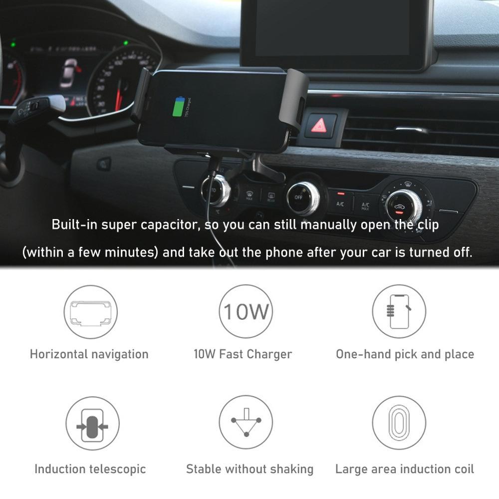 HKM-222483 Wireless Car Charger with Suction and Ventilation Brackets for Qi-Enabled Devices - Universal Compatibility, 10W Output, 8mm Load Distance