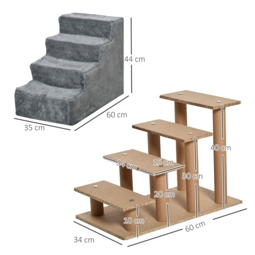 HKM-222931 Four-Step Dog Stairs with Washable Plush Cover for High Beds and Sofas in Light Grey