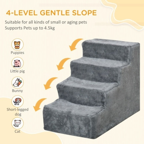 HKM-222931 Four-Step Dog Stairs with Washable Plush Cover for High Beds and Sofas in Light Grey