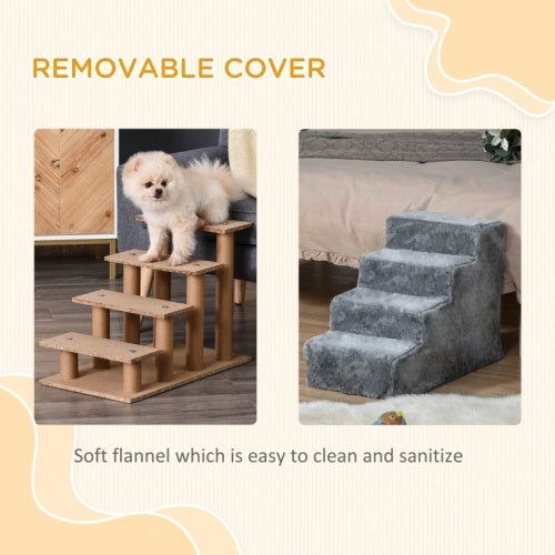 HKM-222931 Four-Step Dog Stairs with Washable Plush Cover for High Beds and Sofas in Light Grey
