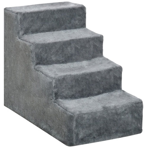 HKM-222931 Four-Step Dog Stairs with Washable Plush Cover for High Beds and Sofas in Light Grey