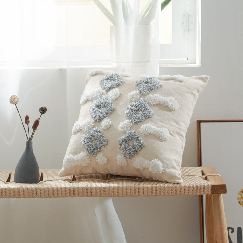 HKM-223635 Cotton Canvas Tufted Geometric Embroidered Pillowcase - 45x45cm Various Colors Available