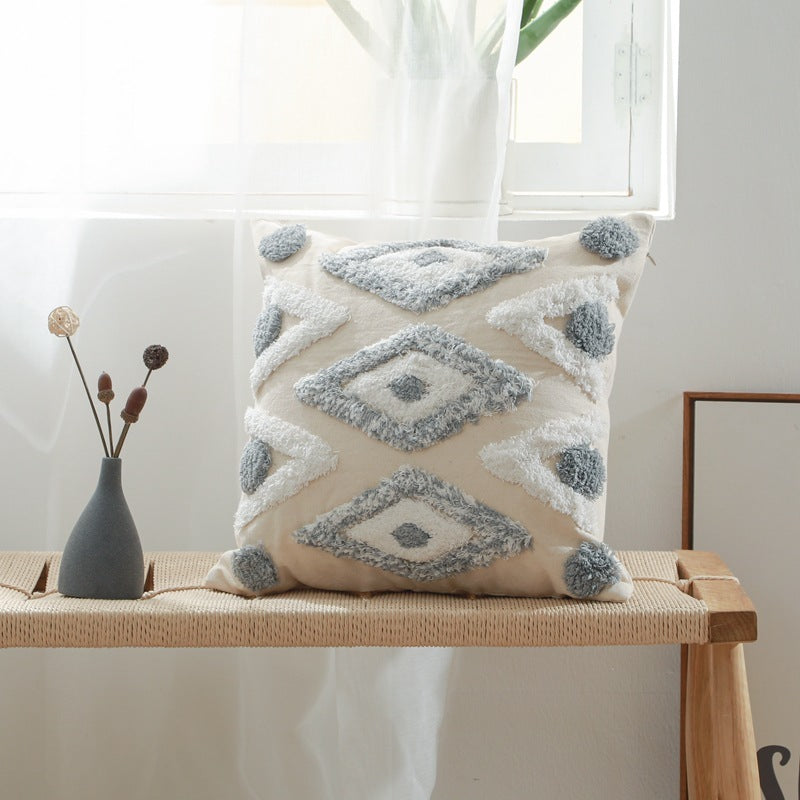 HKM-223635 Cotton Canvas Tufted Geometric Embroidered Pillowcase - 45x45cm Various Colors Available