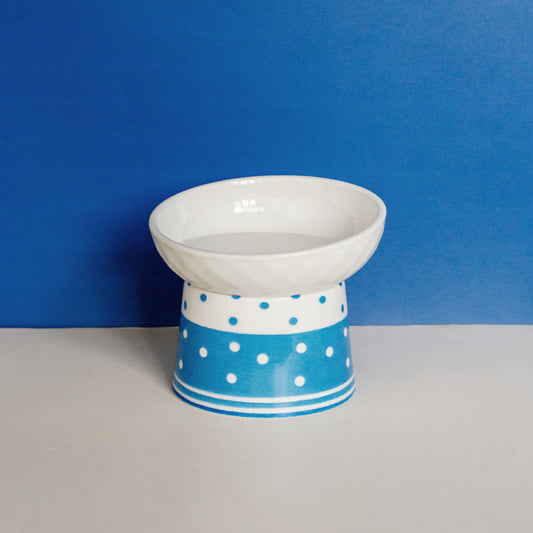 HKM-224083 Ceramic Tall Pet Bowl Set with Blue and Pink Polka Dot Design