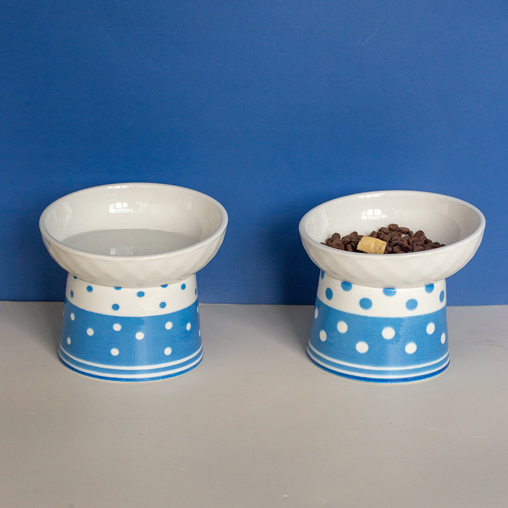 HKM-224083 Ceramic Tall Pet Bowl Set with Blue and Pink Polka Dot Design