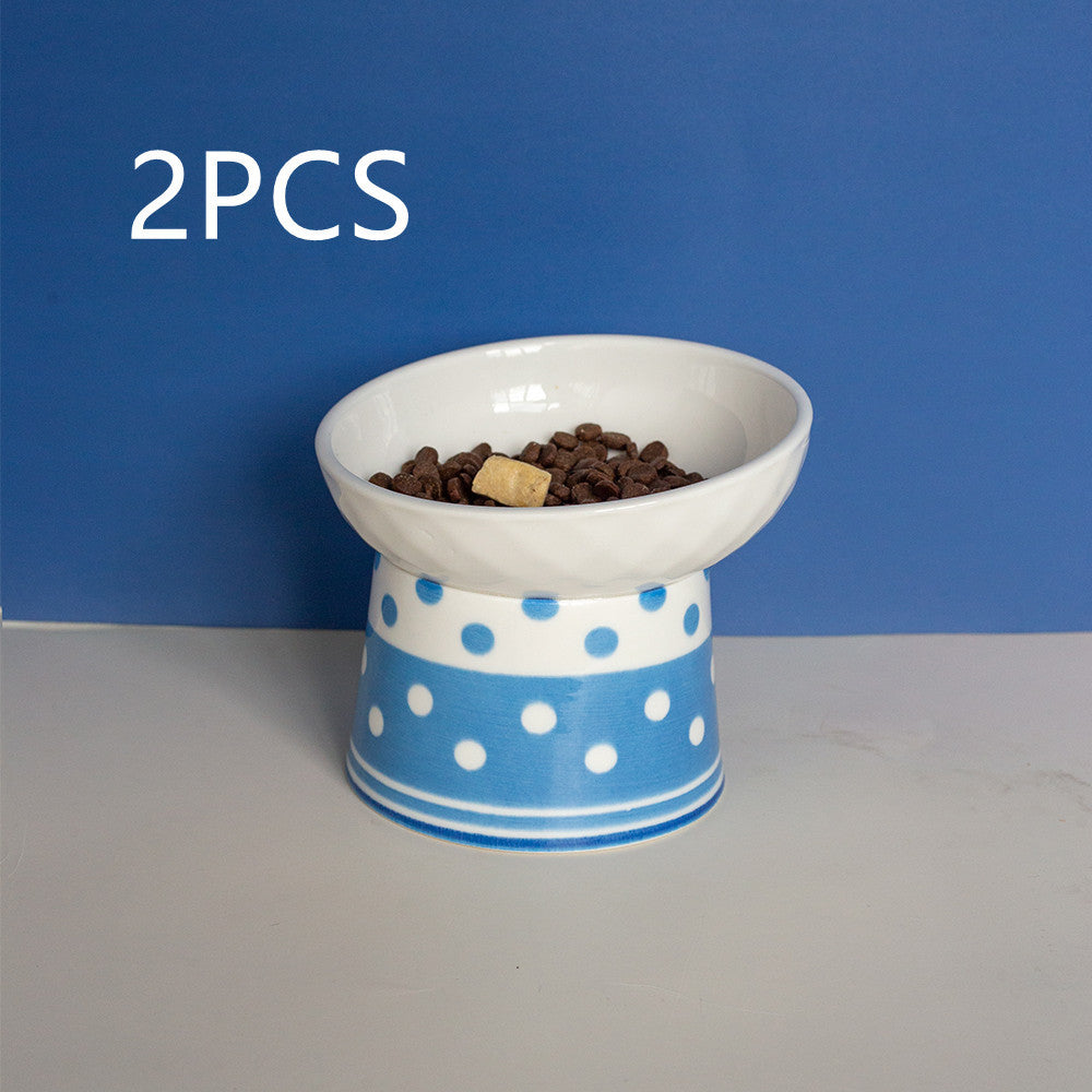 HKM-224083 Ceramic Tall Pet Bowl Set with Blue and Pink Polka Dot Design