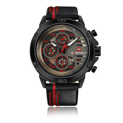 HKM-224083 Men's Quartz Watch with Calendar and Waterproof Features - Casual Style, Genuine Leather Strap, Alloy Case, 30M Waterproof