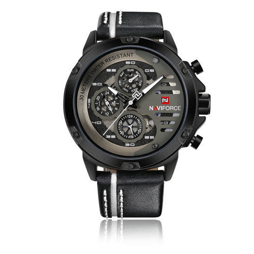 HKM-224083 Men's Quartz Watch with Calendar and Waterproof Features - Casual Style, Genuine Leather Strap, Alloy Case, 30M Waterproof
