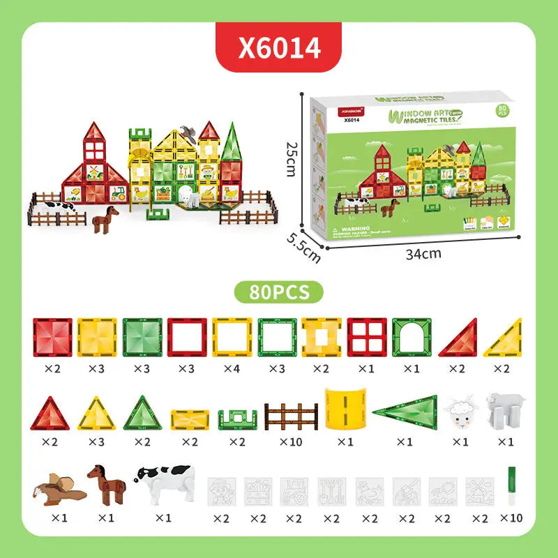 80-Piece Magnetic Tile Learning Set for Kids - STEM Building Blocks and Window Art Supplies