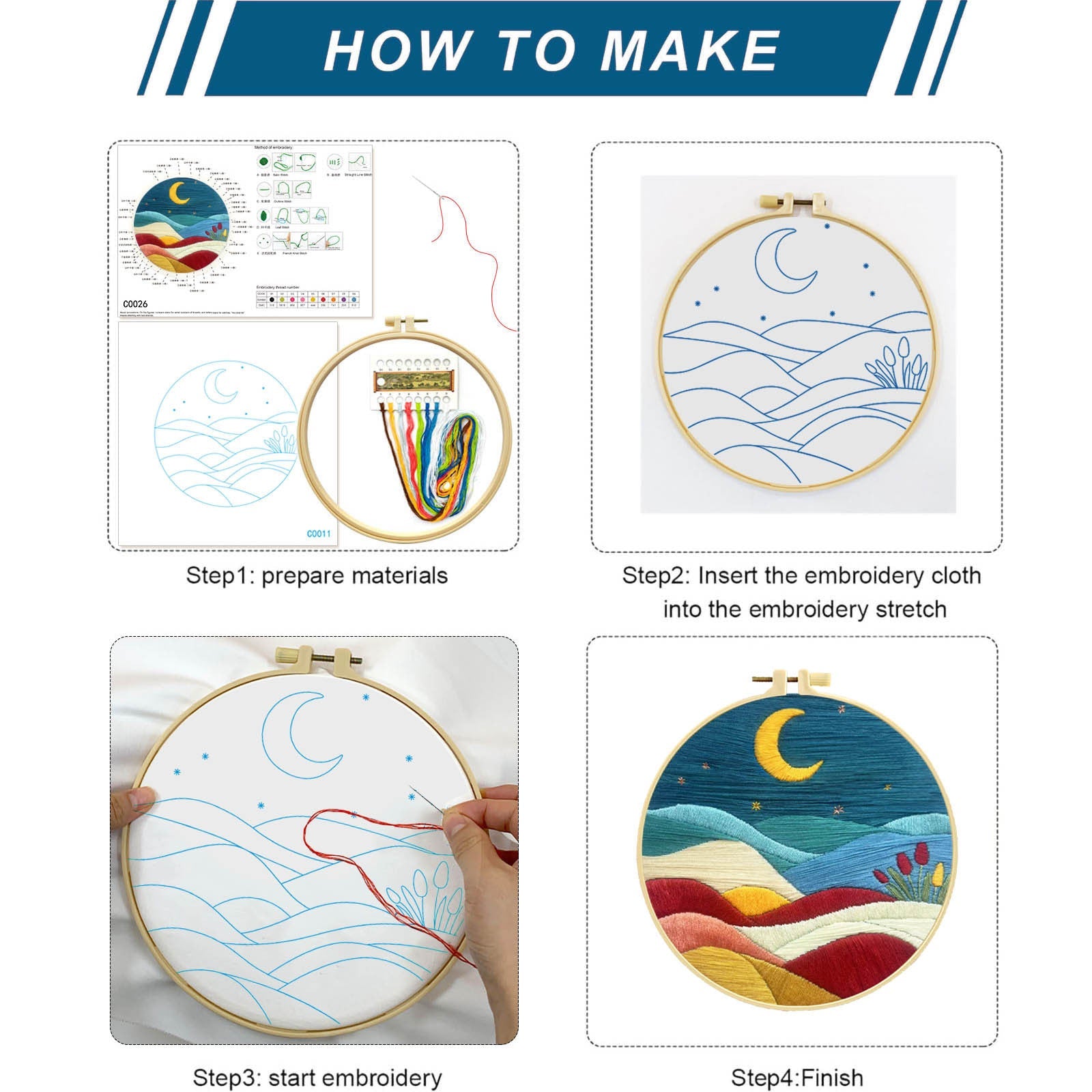 HKM-224659 Mountain, Sun, and Moon Landscape Embroidery Kit with Frame, Scissors, and Needle Threader - 29x29CM