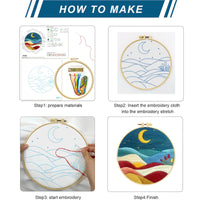 HKM-224659 Mountain, Sun, and Moon Landscape Embroidery Kit with Frame, Scissors, and Needle Threader - 29x29CM
