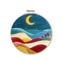 HKM-224659 Mountain, Sun, and Moon Landscape Embroidery Kit with Frame, Scissors, and Needle Threader - 29x29CM