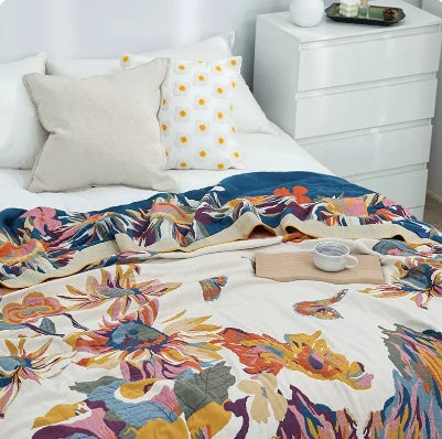 HKM-224723 Cotton Multilayer Gauze Towel Blanket - Ink Flower Design, All Seasons, Available in 150cm x 200cm and 250cm x 250cm Sizes