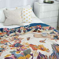HKM-224723 Cotton Multilayer Gauze Towel Blanket - Ink Flower Design, All Seasons, Available in 150cm x 200cm and 250cm x 250cm Sizes