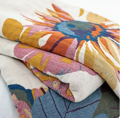 HKM-224723 Cotton Multilayer Gauze Towel Blanket - Ink Flower Design, All Seasons, Available in 150cm x 200cm and 250cm x 250cm Sizes