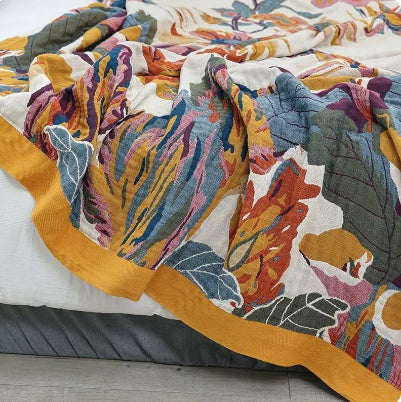 HKM-224723 Cotton Multilayer Gauze Towel Blanket - Ink Flower Design, All Seasons, Available in 150cm x 200cm and 250cm x 250cm Sizes