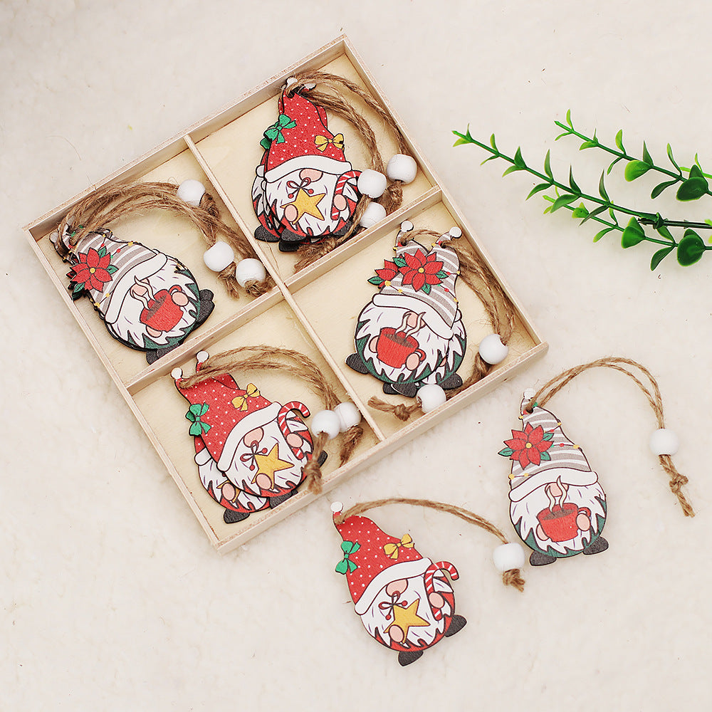 HKM-224851 Wooden Christmas Faceless Doll Pendant Decoration Set - 12 PCS in Wooden Box