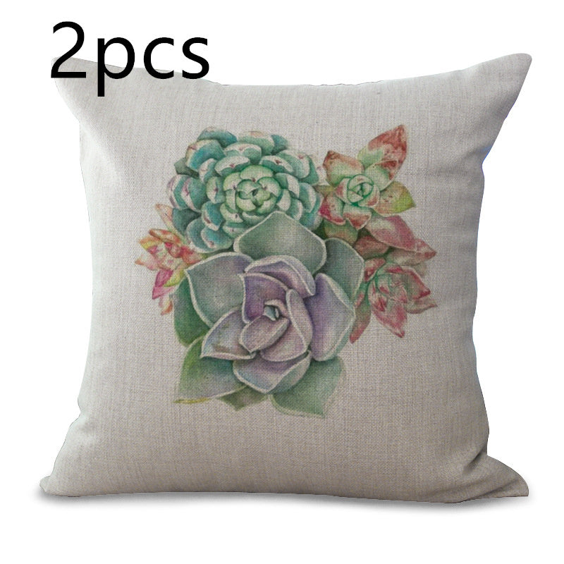 HKM-225555 Cotton Linen Succulent Cactus Pillow Cover - 45x45cm Decorative Case
