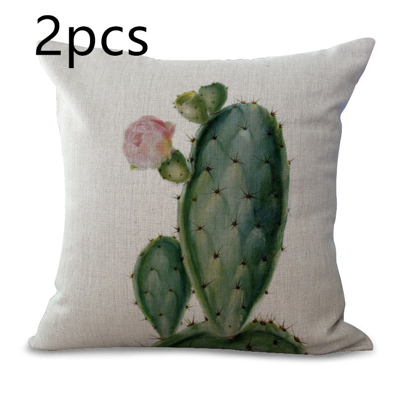 HKM-225555 Cotton Linen Succulent Cactus Pillow Cover - 45x45cm Decorative Case
