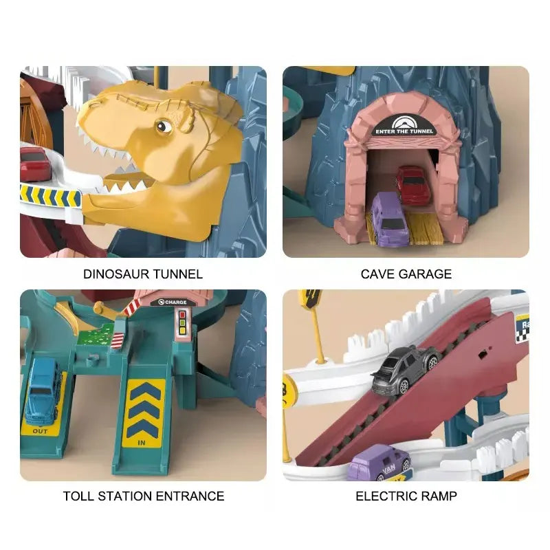 HKM-225683 Dinosaur Theme DIY Assembly Slide Track Toy Set with Friction Car and Lights for Kids