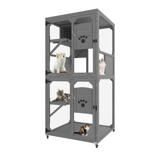 HKM-225875 Four-Tier Outdoor Cat Enclosure with Window Access, Waterproof Roof, Rest Box & Wheels