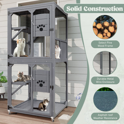 HKM-225875 Four-Tier Outdoor Cat Enclosure with Window Access, Waterproof Roof, Rest Box & Wheels