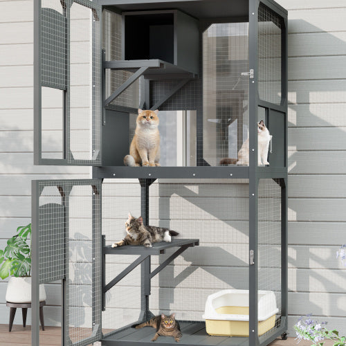 HKM-225875 Four-Tier Outdoor Cat Enclosure with Window Access, Waterproof Roof, Rest Box & Wheels