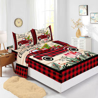 HKM-225875 Red Christmas Fitted Sheet Set with Pillowcases in Multiple Sizes and Modern Design