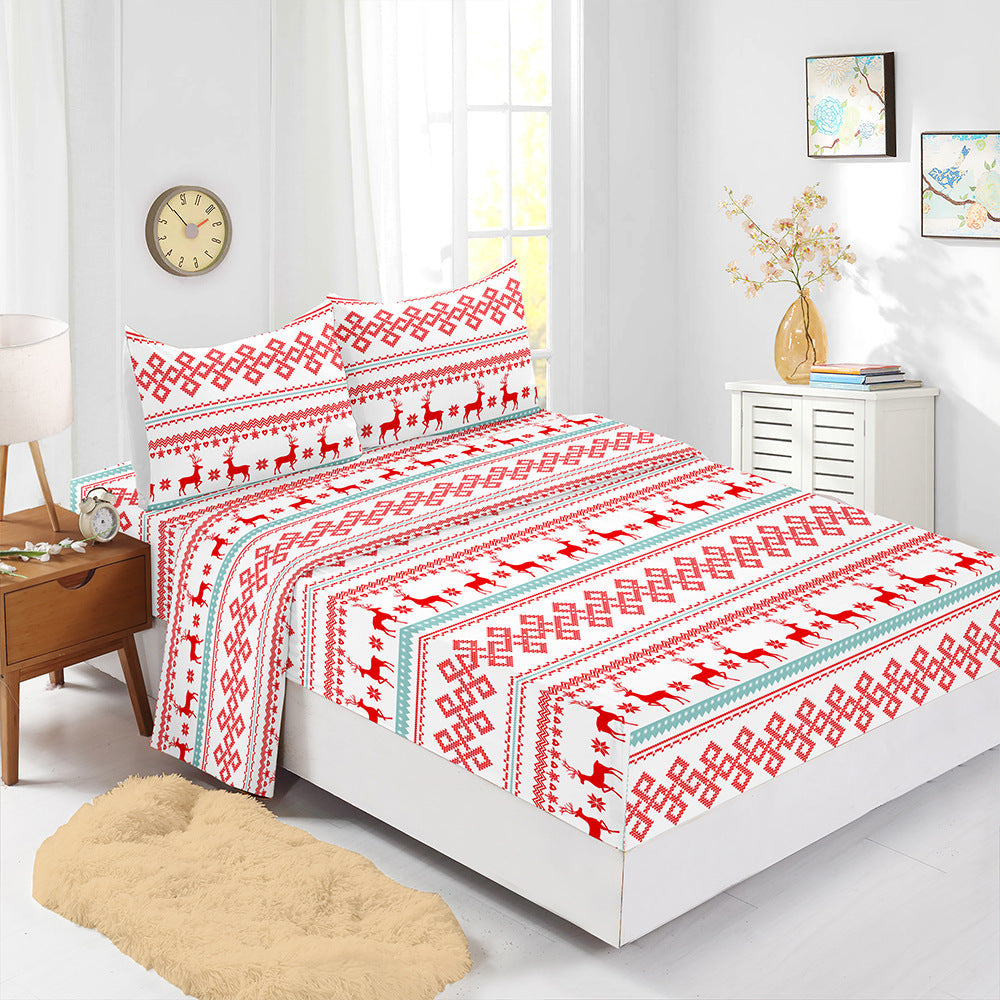 HKM-225875 Red Christmas Fitted Sheet Set with Pillowcases in Multiple Sizes and Modern Design