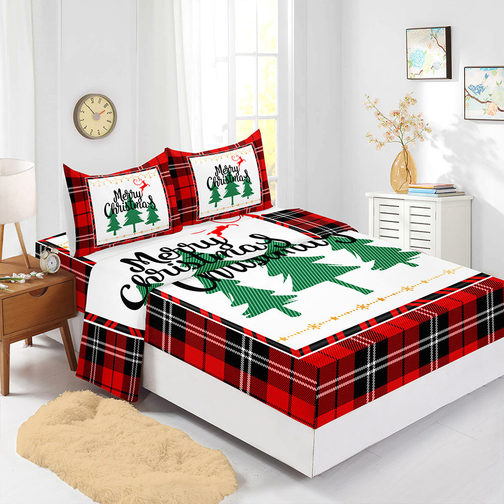 HKM-225875 Red Christmas Fitted Sheet Set with Pillowcases in Multiple Sizes and Modern Design
