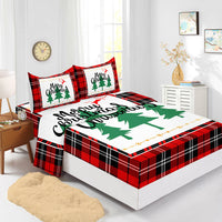 HKM-225875 Red Christmas Fitted Sheet Set with Pillowcases in Multiple Sizes and Modern Design