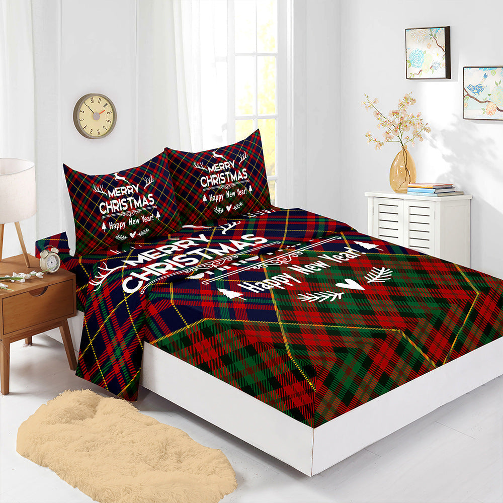 HKM-225875 Red Christmas Fitted Sheet Set with Pillowcases in Multiple Sizes and Modern Design