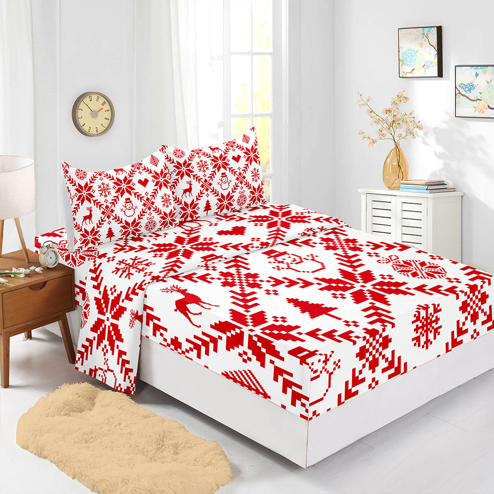 HKM-225875 Red Christmas Fitted Sheet Set with Pillowcases in Multiple Sizes and Modern Design