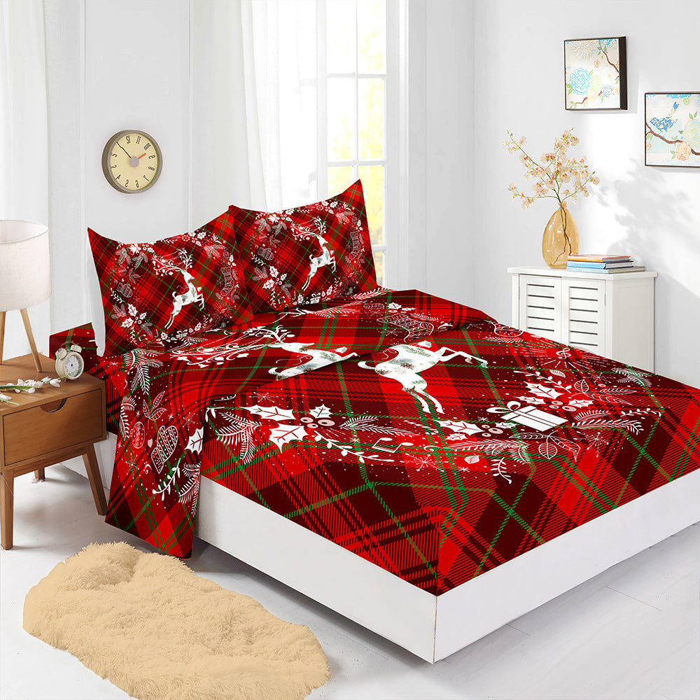 HKM-225875 Red Christmas Fitted Sheet Set with Pillowcases in Multiple Sizes and Modern Design