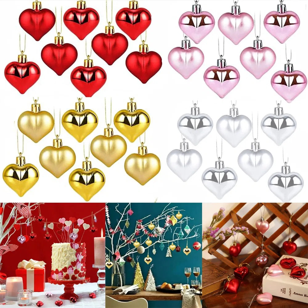 HKM-226003 12PCS Heart-Shaped Christmas Ornaments in Gold, Red, Pink, and Silver - Glossy and Matte Tree Decorations for Weddings and Valentine's Day