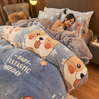 HKM-226707 Flannel Velvet Winter Bedding Set with Snowflake Design - Available in Multiple Sizes