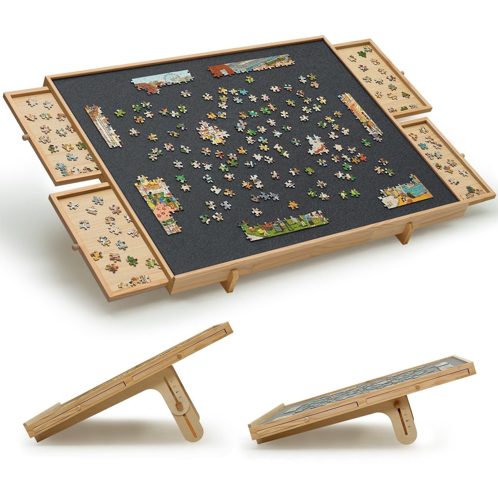 HKM-226963 Folding Puzzle Table with Bracket Lid and 6 Drawers for Adults and Kids - Dark Gray, Silver Gray, Black, Light Camel, Dark Camel