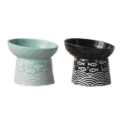 HKM-228051 Japanese Style Ceramic Pet Bowl - Small Fish Design, 200ml Capacity, Multiple Color Options