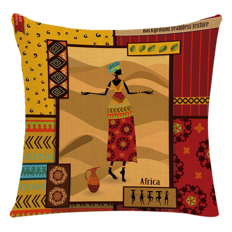 HKM-228307 African Woman National Style Cushion Cover for Living Room and Bedroom - Linen & PP Cotton, 45x45cm