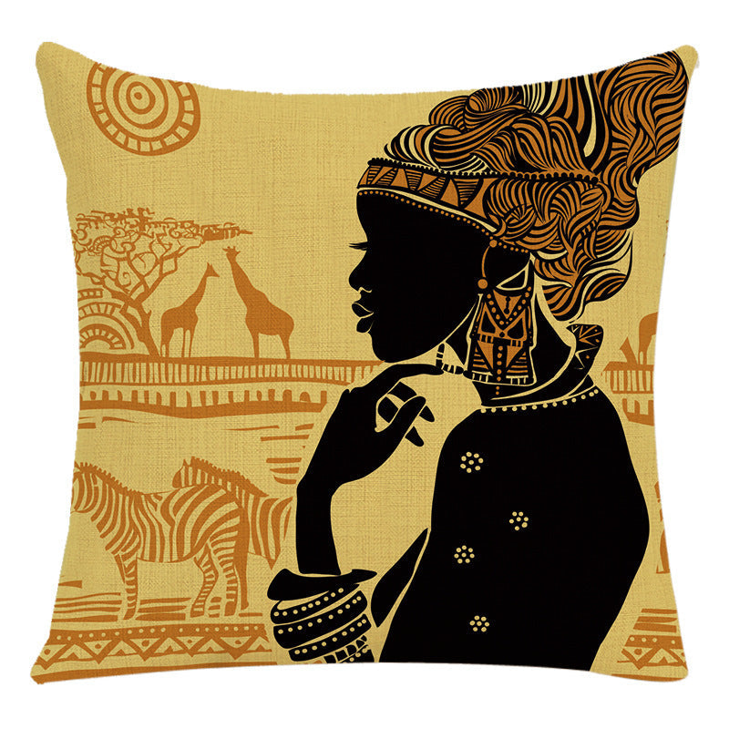 HKM-228307 African Woman National Style Cushion Cover for Living Room and Bedroom - Linen & PP Cotton, 45x45cm