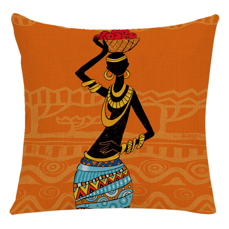 HKM-228307 African Woman National Style Cushion Cover for Living Room and Bedroom - Linen & PP Cotton, 45x45cm