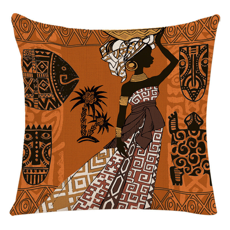 HKM-228307 African Woman National Style Cushion Cover for Living Room and Bedroom - Linen & PP Cotton, 45x45cm
